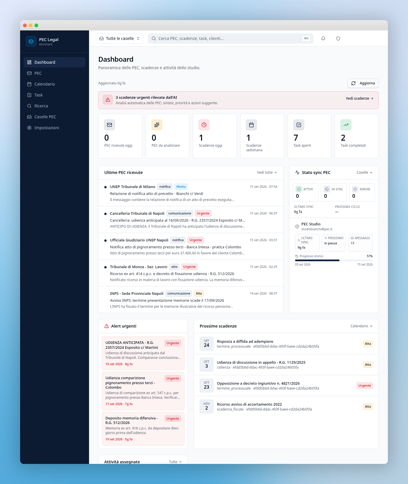 Dashboard reale di PECTASK AI: PEC, attività, scadenze e alert