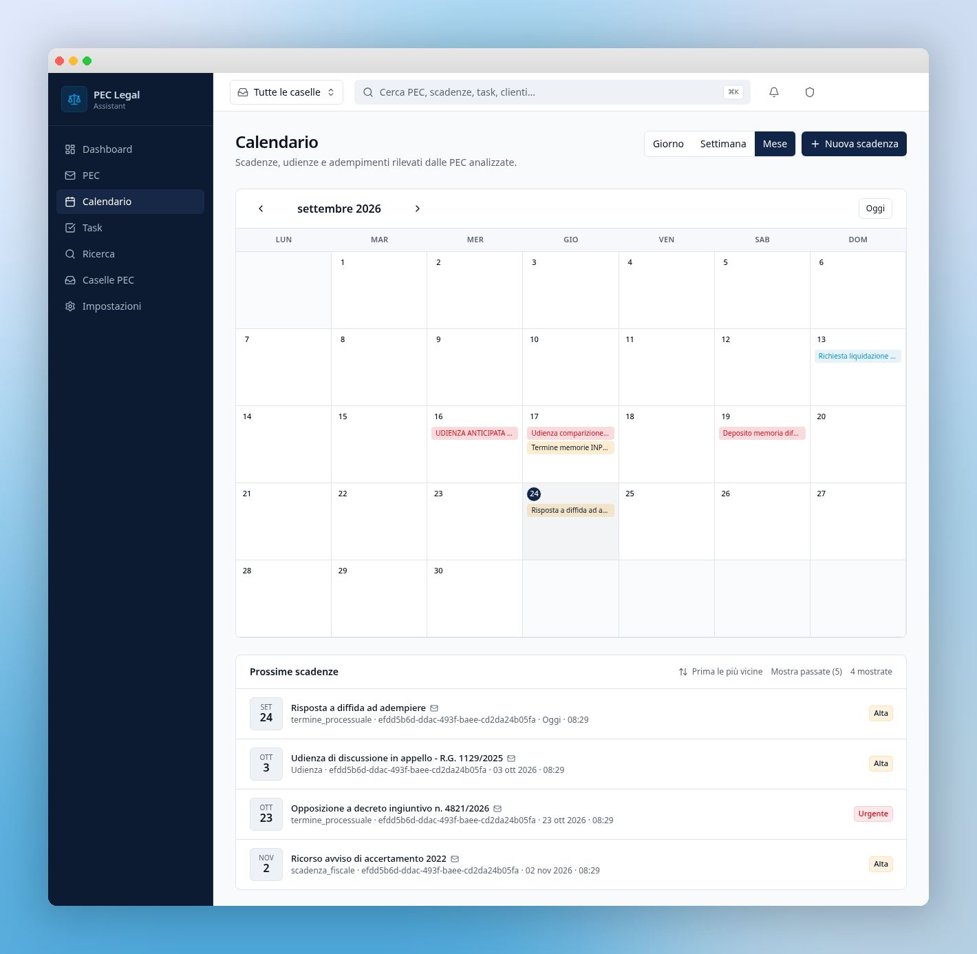 Calendario reale di PECTASK AI: scadenze e attività