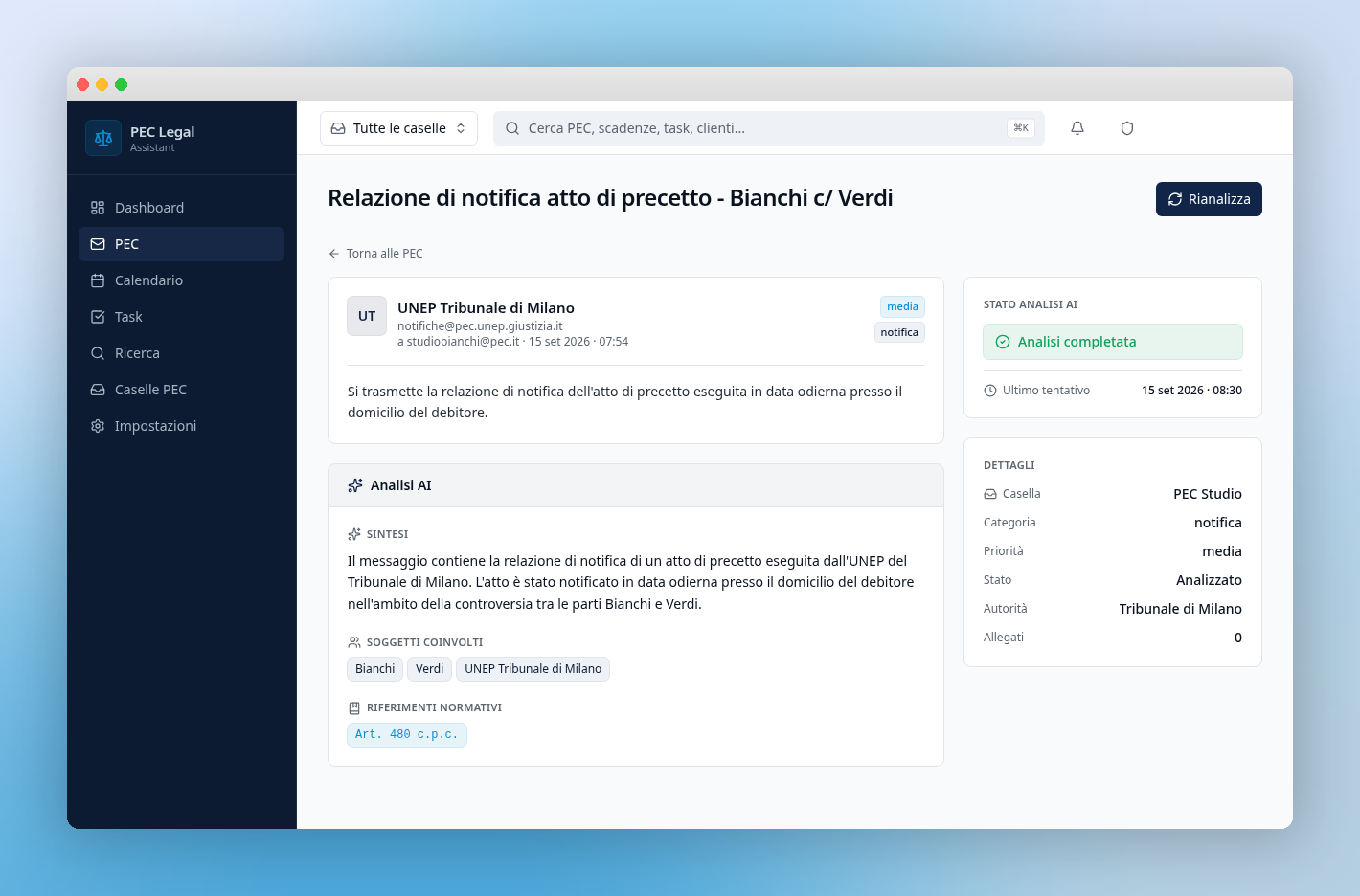 Schermata reale PECTASK AI: analisi di una PEC e dati estratti